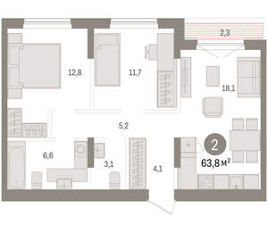 2-к квартира, вторичка, 64м2, 8/15 этаж