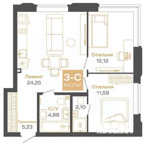 3-к квартира, строящийся дом, 60м2, 15/24 этаж