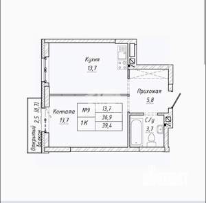 2-к квартира, вторичка, 39м2, 2/22 этаж
