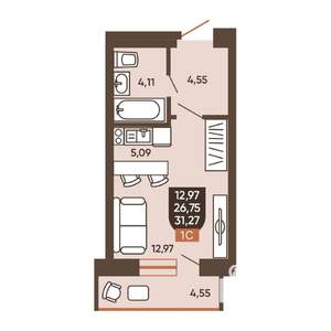 1-к квартира, вторичка, 31м2, 16/19 этаж