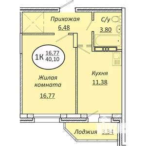 1-к квартира, строящийся дом, 40м2, 13/25 этаж
