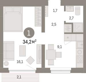 1-к квартира, вторичка, 34м2, 7/12 этаж