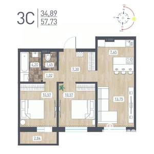 3-к квартира, строящийся дом, 58м2, 16/17 этаж