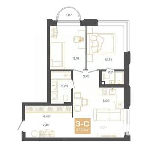 3-к квартира, строящийся дом, 68м2, 17/24 этаж