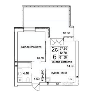 2-к квартира, строящийся дом, 62м2, 1/8 этаж