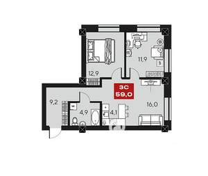 2-к квартира, строящийся дом, 59м2, 7/14 этаж