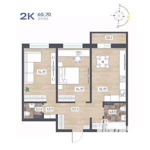 2-к квартира, строящийся дом, 66м2, 5/17 этаж