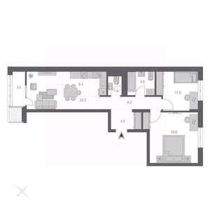 3-к квартира, строящийся дом, 74м2, 9/24 этаж