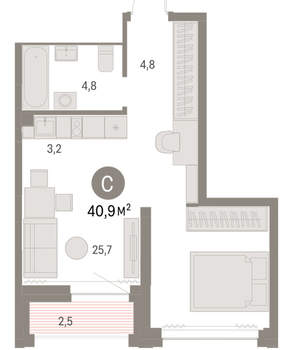 Студия квартира, вторичка, 41м2, 22/30 этаж
