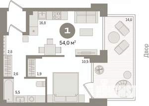 1-к квартира, вторичка, 54м2, 1/8 этаж