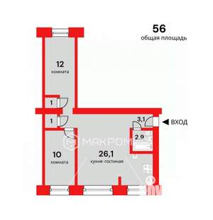 3-к квартира, вторичка, 56м2, 1/5 этаж
