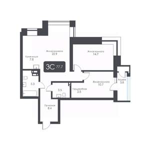 3-к квартира, строящийся дом, 78м2, 9/30 этаж