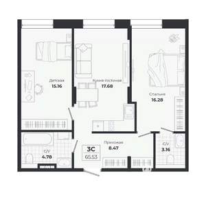 3-к квартира, строящийся дом, 66м2, 1/9 этаж