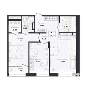 3-к квартира, строящийся дом, 65м2, 4/9 этаж