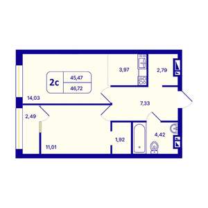 2-к квартира, вторичка, 47м2, 2/26 этаж