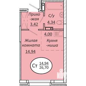Студия квартира, вторичка, 27м2, 1/25 этаж