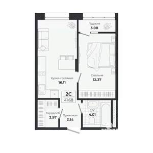 2-к квартира, строящийся дом, 39м2, 7/9 этаж