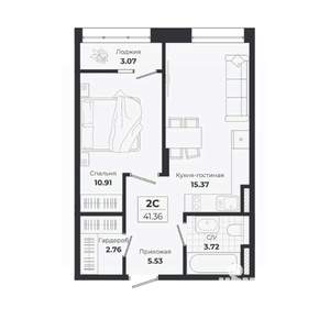 2-к квартира, строящийся дом, 38м2, 9/9 этаж