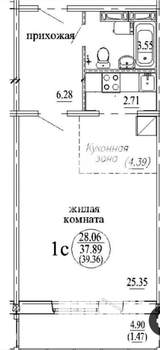 Студия квартира, сданный дом, 39м2, 10/18 этаж