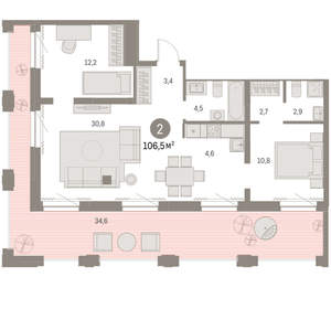 2-к квартира, вторичка, 107м2, 28/30 этаж