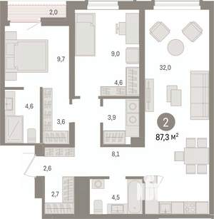 2-к квартира, вторичка, 87м2, 4/15 этаж