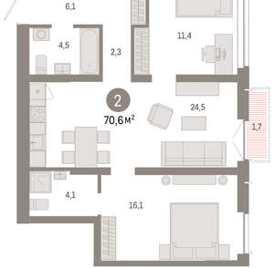 2-к квартира, вторичка, 71м2, 10/23 этаж