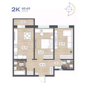 2-к квартира, строящийся дом, 66м2, 12/17 этаж