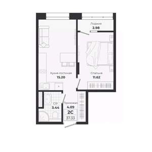 2-к квартира, строящийся дом, 34м2, 8/9 этаж