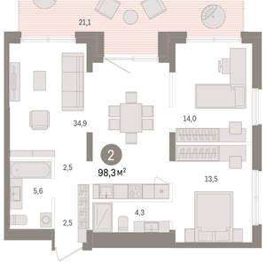 2-к квартира, вторичка, 98м2, 1/15 этаж