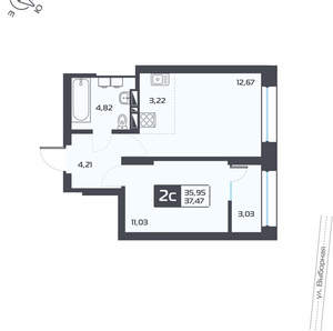 2-к квартира, вторичка, 37м2, 21/25 этаж