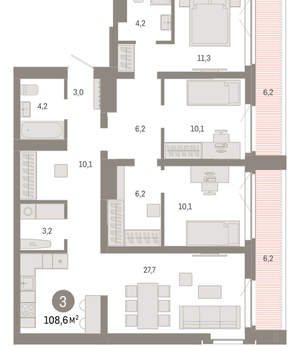 3-к квартира, вторичка, 109м2, 7/23 этаж
