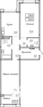 2-к квартира, вторичка, 69м2, 9/15 этаж