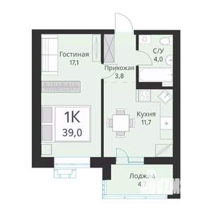 1-к квартира, вторичка, 39м2, 12/15 этаж