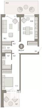 2-к квартира, сданный дом, 90м2, 2/7 этаж