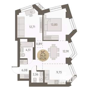 3-к квартира, вторичка, 63м2, 12/31 этаж
