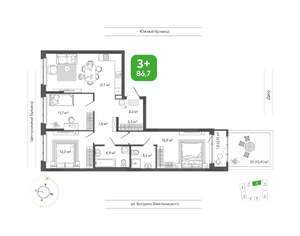 3-к квартира, вторичка, 87м2, 1/14 этаж