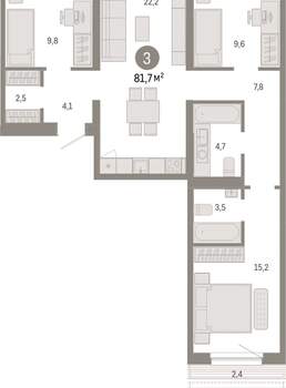 3-к квартира, вторичка, 82м2, 6/15 этаж