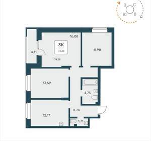 3-к квартира, вторичка, 74м2, 21/25 этаж