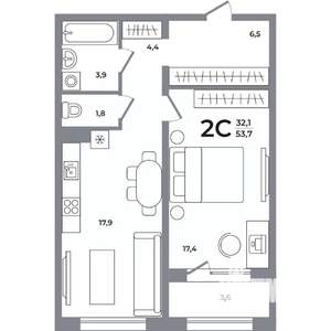 2-к квартира, вторичка, 54м2, 15/17 этаж