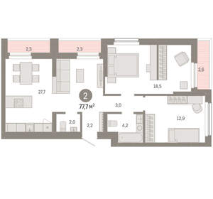 2-к квартира, вторичка, 78м2, 2/12 этаж