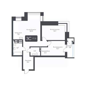 3-к квартира, строящийся дом, 77м2, 27/30 этаж