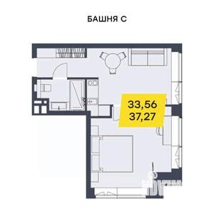 1-к квартира, строящийся дом, 37м2, 29/29 этаж