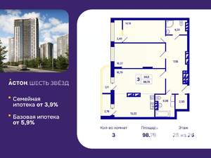 3-к квартира, вторичка, 99м2, 25/26 этаж