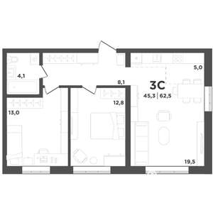 2-к квартира, вторичка, 63м2, 1/9 этаж
