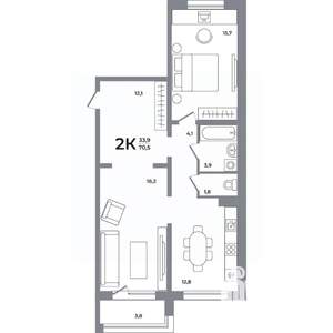 2-к квартира, вторичка, 71м2, 9/17 этаж
