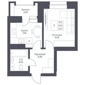 1-к квартира, вторичка, 33м2, 19/24 этаж