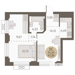 3-к квартира, вторичка, 48м2, 22/31 этаж