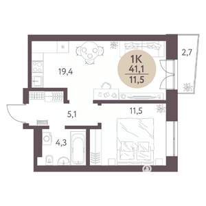 1-к квартира, вторичка, 41м2, 4/7 этаж