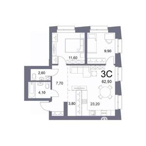 3-к квартира, вторичка, 63м2, 16/25 этаж