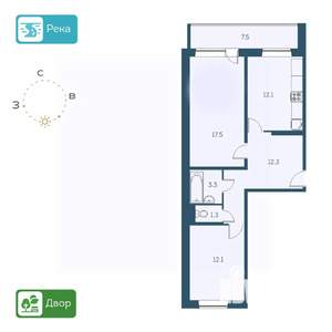 2-к квартира, строящийся дом, 62м2, 16/17 этаж